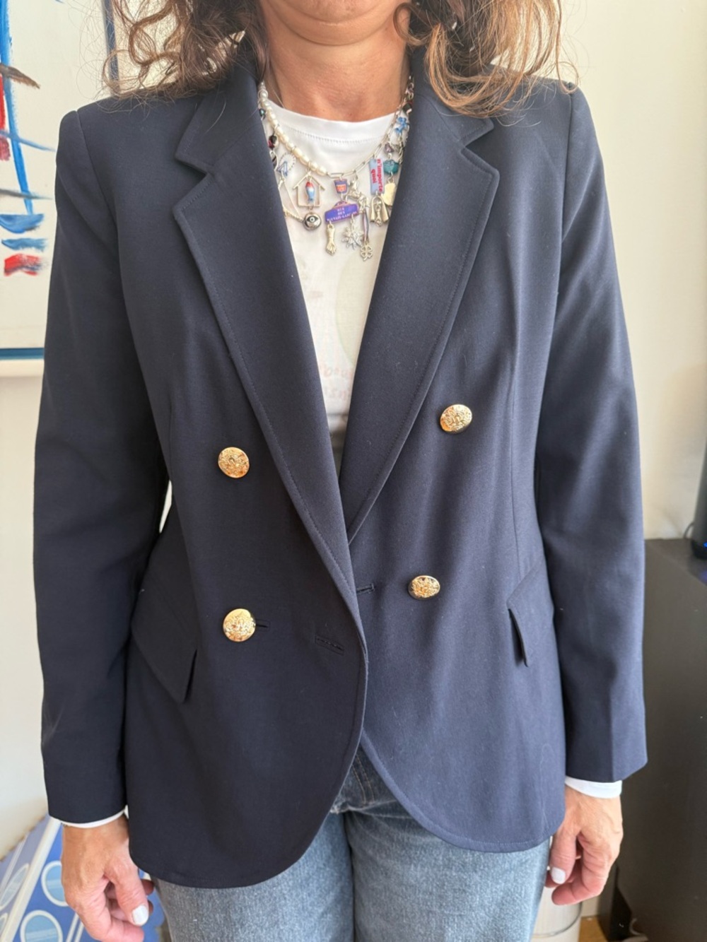 W by Worth Navy Double-Breasted Blazer with Gold Buttons